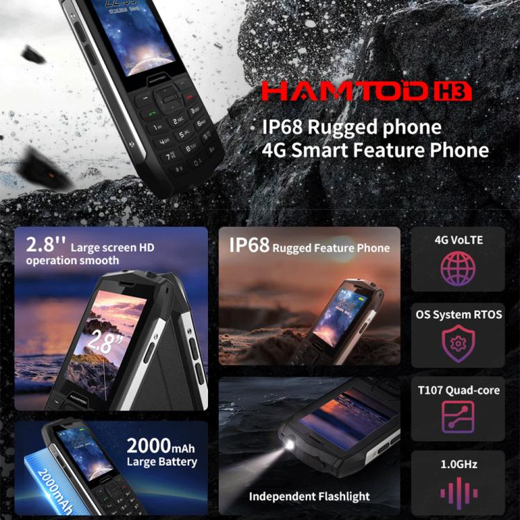 HAMTOD H3 Rugged Phone, 2.8 inch T107 ARM CortexTM A7 Quad-core 1.0GHz, Network: 4G, VoLTE, BT, SOS, EU Version HAMTOD H3 Rugged Phone, 2.8 inch T107 ARM CortexTM A7 Quad-core 1.0GHz, Network: 4G, VoLTE, BT, SOS, EU Version